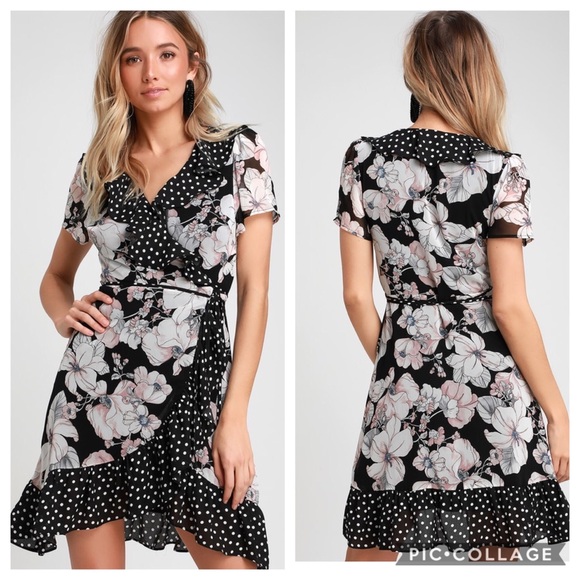 Lulus Dresses & Skirts - Lulus Lesley Black Print Ruffled Wrap Dress